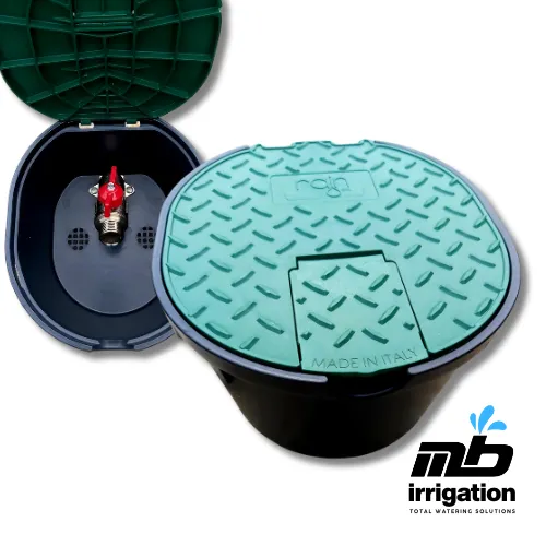 Hydrant valve box with integrated 3/4 inch Rain male valve and green lid on a white background
