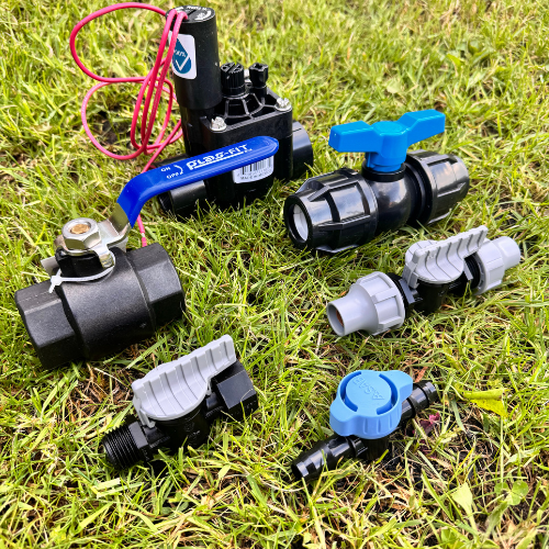 Blue handled plastic ball valve for manual water isolation in MDPE pipe lines.