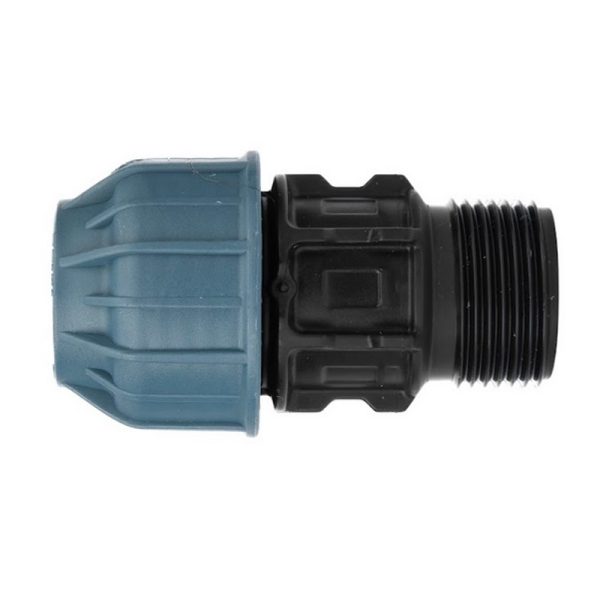 Elysee 25mm compression to 1 inch BSP male thread straight adaptor fitting for MDPE pipeline.