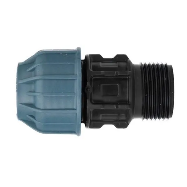 Elysee 25mm compression to 1 inch BSP male thread straight adaptor fitting for MDPE pipeline.