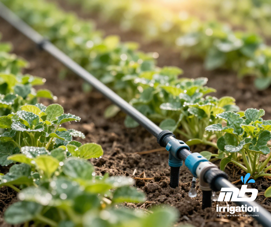 An automated drip irrigation layout watering commercial raised garden beds efficiently to reduce water cost.
