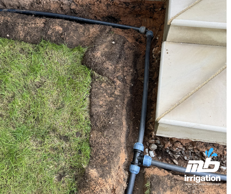 Black and blue MDPE water supply mainline pipe laid in a garden trench alongside flexible black LDPE irrigation lateral tubes for comparison.