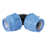 Supreme Compression Elbow 16mm with a black body and blue nut for PE pipe connections.