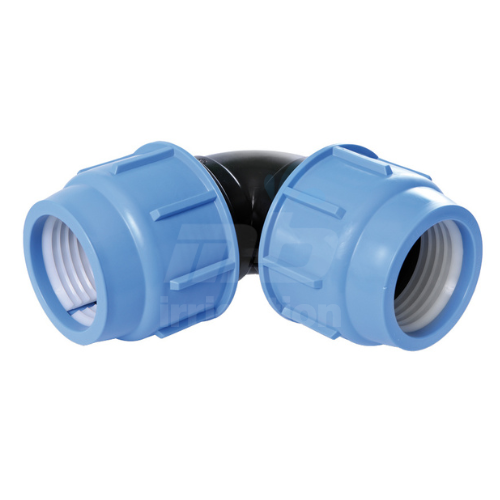 Supreme Compression Elbow 32mm with a black body and blue nut for PE pipe connections.
