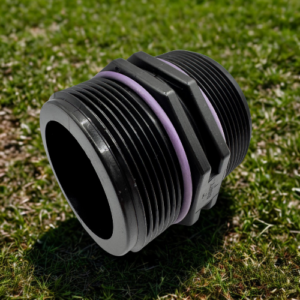 Black plastic male threaded BSP nipple connector with purple rubber O-rings, professional irrigation pipe fitting