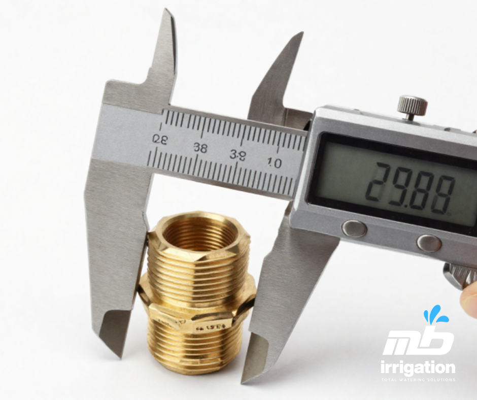 Using a digital caliper to measure the outer peak diameter of a black plastic male threaded BSP nipple fitting according to the standard sizing chart.